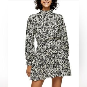 Topshop Pintuck Mock Neck Long Sleeve Button Floral Mini Dress Ivory Black SZ 8